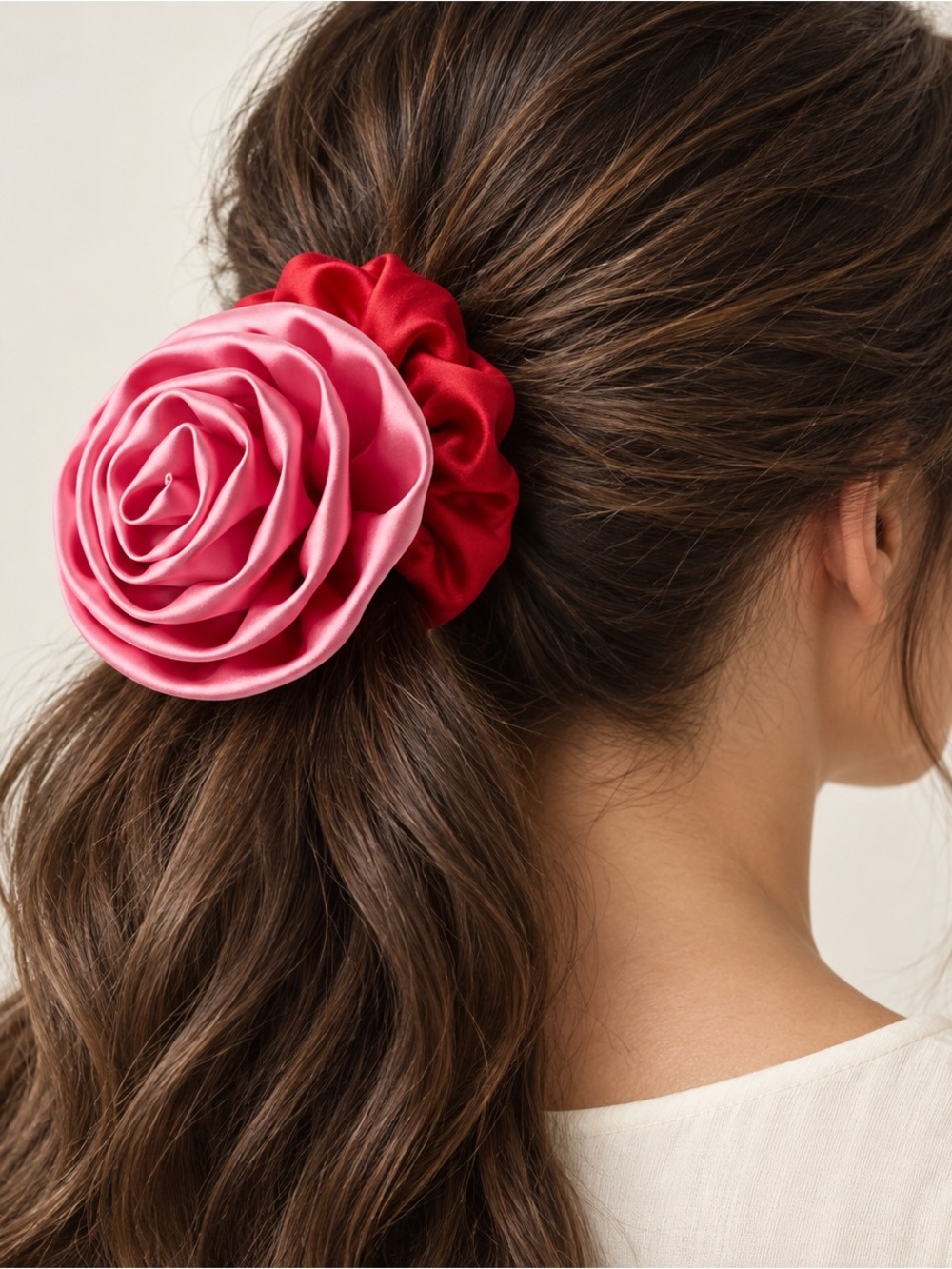 NEW Free People Thorns and Roses Pony Pink Rose Red Satin Scrunchie